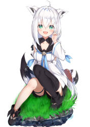 Rule 34 | 1girl, :d, animal ear fluff, animal ears, auui, black footwear, black thighhighs, blush, boots, breasts, commentary request, detached sleeves, fox ears, fox girl, fox shadow puppet, fox tail, full body, green eyes, hair between eyes, hand up, highres, hololive, knees up, long hair, long sleeves, looking at viewer, open mouth, oruyanke (shirakami fubuki), shirakami fubuki, shirakami fubuki (1st costume), single thighhigh, small breasts, smile, solo, tail, thighhighs, thighhighs under boots, very long hair, virtual youtuber, white hair, white sleeves, wide sleeves