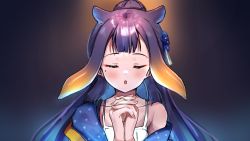Rule 34 | 1girl, :o, blush, dark background, dress, closed eyes, hair ornament, highres, hololive, hololive english, interlocked fingers, long hair, maru ccy, mole, mole under eye, ninomae ina&#039;nis, off shoulder, own hands clasped, own hands together, ponytail, purple hair, sleeveless, sleeveless dress, solo, tentacle hair, upper body, violet (ninomae ina&#039;nis), virtual youtuber, white dress