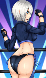 Rule 34 | 1girl, angel (kof), ass, blue eyes, breasts, butt crack, fingerless gloves, gloves, grey hair, highres, huge ass, large breasts, legs, looking back, midriff, open mouth, short hair, sideboob, snk, solo, the king of fighters, thighs