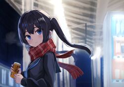 Rule 34 | 1girl, absurdres, black hair, blue eyes, blush, breath, can, canned coffee, drink can, highres, holding, holding can, keiyo earth, long hair, long sleeves, looking to the side, night, original, outdoors, plaid, plaid scarf, scarf, school uniform, serafuku, smile, solo, train station, twintails, upper body, vending machine