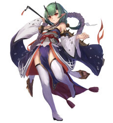Rule 34 | absurdres, black horns, black nails, breasts, club, club (weapon), detached sleeves, full body, green hair, highres, holding, holding weapon, horns, japanese clothes, kanabou, kimono, long hair, low-tied long hair, manichi, obi, oni, original, pointy ears, red eyes, sash, small breasts, standing, standing on one leg, thighhighs, weapon, white background, white thighhighs