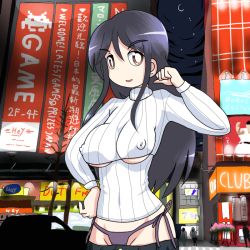 Rule 34 | 1girl, a channel, bad id, bad pixiv id, bikini jeans, black hair, breasts, brown eyes, crescent moon, denim, covered erect nipples, eyebrows, groin, impossible clothes, impossible sweater, jeans, long hair, lowleg, lowleg pants, meme attire, moon, neon lights, night, night sky, nishi yuuko, open-chest sweater, pants, ribbed sweater, sky, solo, sweater, tokisora habuki, underboob