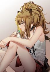 Rule 34 | 1girl, animal ears, arknights, bare legs, black choker, black nails, blonde hair, breasts, brown background, candy, chinese commentary, choker, food, from side, gradient background, hair between eyes, hand on own knee, iceky, jacket, lion ears, lollipop, long hair, medium breasts, nail polish, off shoulder, open mouth, ponytail, profile, red jacket, sideboob, siege (arknights), simple background, sitting, sleeveless, solo, studded choker, tank top, thighs, tongue, tongue out, white tank top, yellow eyes