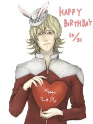 Rule 34 | 10s, 1boy, animal ears, bad id, bad pixiv id, barnaby brooks jr., birthday, blonde hair, glasses, gonta (gongon500), green eyes, hat, heart, jacket, male focus, rabbit ears, red jacket, simple background, solo, sweat, tiger &amp; bunny, wavy mouth, white background