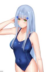 Rule 34 | 1girl, absurdres, arm behind head, artist name, bare shoulders, blue hair, blue one-piece swimsuit, blush, breasts, cleavage, closed mouth, collarbone, competition swimsuit, covered navel, cozie178, feet out of frame, girls&#039; frontline, green eyes, hair ornament, hairclip, highres, hk416 (girls&#039; frontline), light blue hair, long hair, looking at viewer, medium breasts, one-piece swimsuit, solo, standing, swimsuit, teardrop facial mark, teardrop tattoo, wet, wet clothes, wet swimsuit, white background