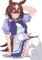 Rule 34 | 1girl, animal ears, arm behind head, arm support, arm up, brown hair, closed mouth, crossed legs, feet out of frame, highres, horse ears, horse girl, horse tail, invisible chair, long hair, puffy short sleeves, puffy sleeves, red eyes, sailor collar, school uniform, shirt tucked in, short sleeves, signature, simple background, sirius symboli (umamusume), sitting, skirt, smile, solo, tail, thighhighs, tracen school uniform, umamusume, white background, white skirt, white thighhighs, zono (inokura syuzo029)