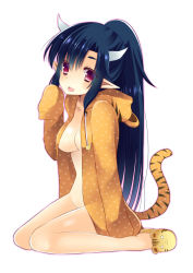 Rule 34 | 1girl, :d, agekichi (heart shape), bad id, bad pixiv id, black hair, bottomless, breasts, fang, hood, hoodie, horns, long hair, medium breasts, naked hoodie, no bra, no panties, open clothes, open mouth, original, pointy ears, purple eyes, slippers, smile, solo, tail