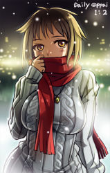 Rule 34 | 1girl, bail, blush, breasts, brown eyes, brown hair, covering own mouth, dated, jewelry, large breasts, looking at viewer, necklace, original, pendant, scarf, scarf over mouth, short hair, snow, solo, sweater