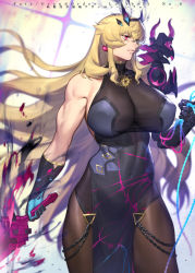 Rule 34 | 1girl, azusa (hws), black dress, blonde hair, breasts, chain, dress, earrings, barghest (fate), barghest (second ascension) (fate), fate/grand order, fate (series), gauntlets, heterochromia, highres, horns, huge breasts, jewelry, long hair, muscular, muscular female, pantyhose, see-through, solo, sword, very long hair, weapon