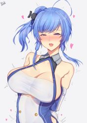 Rule 34 | 1girl, absurdres, ahoge, arms behind back, artist name, azur lane, band-width, bare shoulders, blue hair, blush, breasts, cleavage, covered erect nipples, dress, elbow gloves, gloves, grey background, heart, heart-shaped pupils, highres, large breasts, lips, long hair, looking at viewer, open mouth, purple eyes, see-through, shiny skin, side ponytail, simple background, smile, solo, st. louis (azur lane), symbol-shaped pupils, teeth, tongue, white gloves
