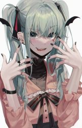 Rule 34 | 1girl, black nails, bow, buri (retty9349), ear piercing, earrings, fangs, hands up, hatsune miku, heart, highres, jewelry, long hair, looking at viewer, mask, mouth mask, nail polish, open mouth, piercing, ribbon, ring, simple background, smile, twintails, vampire (vocaloid), vocaloid, white background