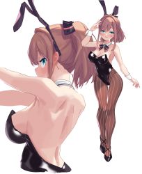 Rule 34 | 1girl, absurdres, animal ears, back, blue eyes, blush, breasts, brown hair, cleavage, commentary, detached collar, fake animal ears, from behind, hair ornament, highres, large breasts, leotard, looking at viewer, medium hair, multiple views, nijisanji, open mouth, pantyhose, playboy bunny, rabbit ears, shippitsu, simple background, sleeveless, smile, striped clothes, striped legwear, striped pantyhose, suzuhara lulu, upper body, vertical-striped clothes, vertical-striped pantyhose, virtual youtuber, white background, wrist cuffs, x hair ornament