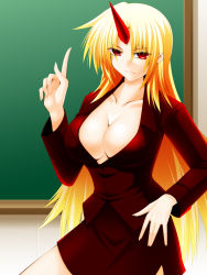 Rule 34 | 1girl, alternate costume, blonde hair, breasts, business suit, chalkboard, cleavage, contemporary, engo (aquawatery), female focus, formal, highres, horns, hoshiguma yuugi, large breasts, long hair, no bra, red eyes, single horn, solo, suit, touhou, very long hair