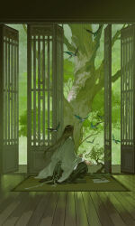 Rule 34 | 1boy, architecture, bird, black hair, black pants, bonsai, branch, chinese clothes, day, east asian architecture, facing away, full body, green theme, highres, holding, holding branch, holding scissors, ibuki satsuki, indian style, indoors, long hair, long sleeves, looking at animal, male focus, open door, original, pants, plant, potted plant, profile, robe, rug, scissors, sitting, smile, solo, swallow (bird), tree, veranda, white robe, wide sleeves, wooden floor