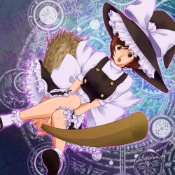 Rule 34 | 1girl, bad apple!!, broom, broom riding, brown eyes, brown hair, buttons, cosplay, dress, female focus, fisheye, foreshortening, frills, hat, highres, kirisame marisa, kirisame marisa (cosplay), meiko (vocaloid), shoes, short hair, socks, solo, touhou, ts, vocaloid, witch, witch hat