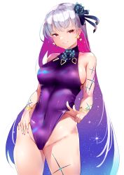 Rule 34 | 1girl, absurdres, bare shoulders, blue hair, blue one-piece swimsuit, blush, body markings, bracelet, breasts, covered navel, earrings, fate/grand order, fate (series), flower, grin, hair flower, hair ornament, hair ribbon, highleg, highleg swimsuit, highres, jewelry, kairi (miry666), kama (fate), kama (swimsuit avenger) (fate), kama (swimsuit avenger) (third ascension) (fate), large breasts, long hair, looking at viewer, lotus, multicolored hair, nail polish, one-piece swimsuit, red eyes, ribbon, silver hair, smile, solo, star (symbol), star earrings, swimsuit, thighs, two-tone hair