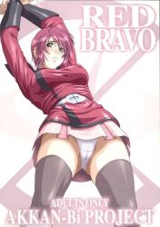 Rule 34 | 00s, 1girl, arms up, belt, blue eyes, blush, breasts, cameltoe, clenched teeth, cover, cover page, covered erect nipples, from below, grey thighhighs, gundam, gundam seed, gundam seed destiny, jpeg artifacts, large breasts, lunamaria hawke, military, military uniform, panties, pantyshot, pink hair, pleated skirt, shiny clothes, short hair, skirt, solo, standing, teeth, thighhighs, underwear, uniform, upskirt, white panties, yanagi hirohiko