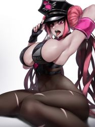 Rule 34 | 1girl, arm behind head, arm up, armband, armpits, bare shoulders, beret, between breasts, black hat, bluecup, bodystocking, bodysuit, breasts, brown bodysuit, cleavage, cosplay, covered navel, double bun, fate/grand order, fate (series), fine fabric emphasis, fingernails, hair bun, hand on headwear, hat, highres, large breasts, long hair, looking at viewer, necktie, necktie between breasts, open mouth, original, pink eyes, pink hair, pink necktie, sesshouin kiara (swimsuit mooncancer) (cosplay), sessyoin kiara, sessyoin kiara (swimsuit mooncancer), sessyoin kiara (swimsuit mooncancer) (second ascension), sideboob, sidelocks, simple background, sitting, skindentation, solo, sweat, teeth, tongue, tongue out, torn bodysuit, torn clothes, upper teeth only, very long hair, wariza, white background