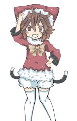Rule 34 | 1girl, bad id, bad twitter id, brown eyes, brown hair, cat tail, chen, hand on own hip, hat, looking at viewer, multiple tails, nekomata, osaname riku, ribbon, santa costume, smile, solo, tail, touhou, two tails