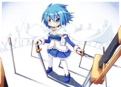 Rule 34 | 10s, 1girl, blue eyes, blue hair, cape, field of blades, gloves, mahou shoujo madoka magica, mahou shoujo madoka magica (anime), matching hair/eyes, miki sayaka, planted, planted sword, planted weapon, reku, short hair, skirt, solo, sword, thighhighs, weapon