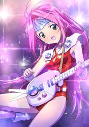 Rule 34 | 1girl, antenna hair, boots, breasts, electric guitar, green eyes, guitar, hair intakes, headband, highres, himehachi (hime8manga), instrument, leg up, leotard, long hair, macross, macross 7, music, mylene jenius, open mouth, pink hair, playing instrument, red leotard, small breasts, smile, solo, standing, standing on one leg, thighs, white footwear, wristband