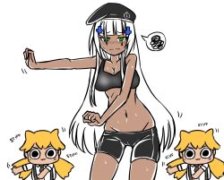 Rule 34 | 3girls, :3, animal ears, beret, bike shorts, blunt bangs, blush, breasts, cameltoe, cat ears, chibi, cleavage, clenched hands, commentary, cross hair ornament, dancing, deculture, embarrassed, english commentary, flossing (dance), fortnite, girls&#039; frontline, groin, hair ornament, hat, highres, hk416 (girls&#039; frontline), idw (girls&#039; frontline), long hair, low twintails, lowleg, lowleg shorts, medium breasts, multiple girls, navel, nose blush, shorts, solo focus, spoken squiggle, sports bra, squiggle, sweat, teardrop, twintails, very long hair, wavy mouth, white background, white hair