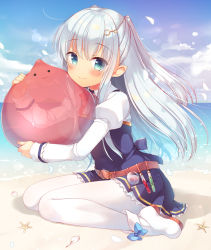 Rule 34 | 1girl, :3, bech, belt, blue eyes, blush, boots, cloud, commentary request, day, flask, hair ornament, hairclip, holding, juliet sleeves, long hair, long sleeves, looking at viewer, outdoors, pantyhose, pointy ears, puffy sleeves, sazaki ichiri, seashell, shell, slime (creature), slime tensei. taikensha ga youjo elf ni dakishimeraretemasu, smile, solo, starfish, two side up, water, white footwear, white hair, white pantyhose