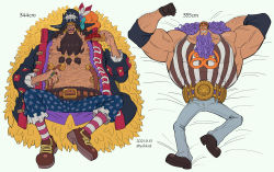 Rule 34 | 2boys, arm behind head, arm hair, armpits, arms up, bara, beard, belly, belt, biceps, big belly, brown hair, chest hair, coat, curly hair, dakimakura (medium), dated, earrings, evil smile, eye mask, facial hair, fat, flexing, food, from above, full body, grin, hat, highres, holding, holding food, jesus burgess, jewelry, large pectorals, long hair, long sleeves, looking at viewer, lying, male focus, marshall d. teach, mask, mature male, missing tooth, multiple boys, muscular, muscular male, obese, on back, one piece, open clothes, open coat, open mouth, pants, pectorals, pie, pie slice, pirate, pirate hat, purple hair, ring, shoes, skull and crossbones, small head, smile, socks, twitter username, v-shaped eyebrows, veins, wrestling mask, youkan (tako)