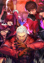 Rule 34 | 1girl, 2boys, arms up, aura, black dress, black shirt, breasts, brown hair, choker, chris (kof), cleavage, cropped jacket, dress, earrings, english text, fur-trimmed jacket, fur trim, gloves, glowing, glowing eyes, hair over eyes, hungry clicker, jacket, jewelry, large breasts, looking at viewer, multiple boys, nanakase yashiro, necklace, pendant, red eyes, red hair, red jacket, red shirt, shermie (kof), shirt, short hair, snk, the king of fighters, the king of fighters xv, white hair, wristband