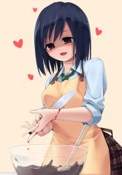 Rule 34 | 1girl, apron, black hair, blood, blue hair, brown eyes, chocolate, cooking, heart, highres, knife, meso-meso, open mouth, original, plaid, self-harm, shaded face, simple background, solo, spatula, valentine, wrist cutting, yandere, yellow background