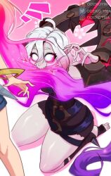 Rule 34 | 2girls, ahoge, artist name, blonde hair, blush, breasts, briar (league of legends), chained wrists, colored sclera, feet out of frame, grey eyes, grey hair, hair between eyes, hands up, league of legends, medium breasts, medium hair, multicolored hair, multiple girls, notice lines, odeko yma, pink background, pink hair, pink sclera, seiza, sharp teeth, shorts, sitting, solo focus, standing, stirrup legwear, teeth, thick thighs, thighs, toeless footwear, toeless legwear, two-tone hair, vampire, zoe (league of legends)