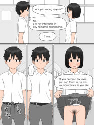 Rule 34 | ..., 1boy, 1girl, ^^^, belt, belt buckle, black hair, blush, buckle, bulge, clothes lift, collared shirt, comic, confession, cowboy shot, embarrassed, english text, erection, erection under clothes, exhibitionism, expressionless, female pubic hair, grey skirt, hallway, hard-translated, highres, indoors, jitome, lifted by self, momorokko, no panties, open mouth, original, panels, pleated skirt, pubic hair, public indecency, school, school uniform, shirt, short hair, skirt, skirt lift, socks, sound effects, speech bubble, standing, sweatdrop, thighs, third-party edit, translated, white shirt, white socks