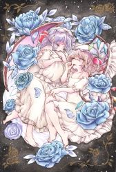 Rule 34 | 2girls, bare shoulders, barefoot, bat wings, blonde hair, blue flower, blue rose, crystal, flandre scarlet, flower, frilled nightgown, frilled pillow, frills, from above, full body, hat, highres, limited palette, medium hair, mob cap, multicolored wings, multiple girls, nightgown, hugging object, painting (medium), pillow, pillow hug, pointy ears, purple flower, purple hair, remilia scarlet, rose, siblings, sisters, thumb sucking, touhou, tpamjdsta (usatokurasu), traditional media, watercolor (medium), white headwear, white nightgown, wings