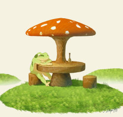 Rule 34 | animal, animal focus, bell, commentary request, day, elbow rest, frog, grass, hachiya shohei, highres, hill, log, mushroom, no humans, original, outdoors, signature, sitting, table