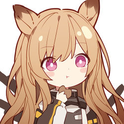 Rule 34 | 1girl, animal ears, arknights, blush, breasts, brown hair, ceobe (arknights), choker, cookie, dog ears, eating, food, fox ears, hand up, holding, holding food, long hair, lowres, pink eyes, quan (kurisu tina), simple background, small breasts, smile, solo, upper body, white background