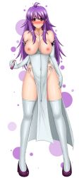 Rule 34 | 1girl, absurdres, blush, breasts, breasts out, deuzlul, elbow gloves, female focus, full body, gloves, high school dxd, highres, ingvild leviathan, large breasts, long hair, looking at viewer, nipples, purple hair, smile, solo, solo focus, standing, thick thighs, thighhighs, thighs