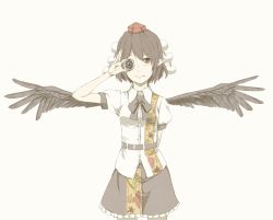 Rule 34 | 1girl, arm behind back, black wings, blouse, brown eyes, brown hair, camera, detached lens, feathered wings, female focus, hat, holding, kawashina (momen silicon), leaf print, looking at viewer, neck ribbon, pointy ears, pom pom (clothes), ribbon, shameimaru aya, shirt, simple background, smile, solo, spread wings, tokin hat, touhou, white background, wings