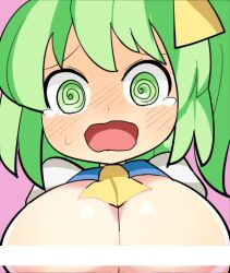 Rule 34 | 1girl, @ @, areola slip, ascot, bar censor, blush, breasts, censored, cleavage, commentary request, daiyousei, high side ponytail, hospital king, huge breasts, long hair, looking at viewer, medium bangs, nose blush, open mouth, pink background, portrait, simple background, solo, tearing up, touhou, wavy mouth, yellow ascot