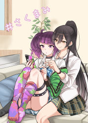 Rule 34 | 2girls, black hair, black nails, blunt bangs, blush, brown eyes, cellphone, commentary request, cover, cover page, diagonal bangs, hair between eyes, holding, holding phone, idolmaster, idolmaster shiny colors, long hair, multicolored clothes, multicolored legwear, multiple girls, nail polish, open mouth, phone, pointing, purple eyes, purple hair, sample watermark, shirase sakuya, sitting, sitting on lap, sitting on person, smartphone, smile, takeshisu, tanaka mamimi, thighhighs, translated, watermark, yuri