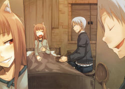 Rule 34 | 00s, 1boy, 1girl, animal ears, ayakura juu, bed, brown hair, craft lawrence, facial hair, goatee stubble, half-closed eyes, highres, holo, indoors, long hair, multiple views, one eye closed, red eyes, scan, sitting, spice and wolf, stubble, under covers, wink, wolf ears