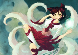 Rule 34 | 1girl, ahri (league of legends), alternate hair length, alternate hairstyle, animal ears, blue fire, blush, bow, braid, breasts, brown hair, bug, butterfly, collarbone, crossed legs, dynasty ahri, energy ball, facial mark, fingers to mouth, fire, flower, folded hair, fox, fox ears, fox tail, french braid, from side, hair bun, hair ornament, hair ribbon, hair stick, hair up, hanbok, insect, jellypon, kitsune, kneehighs, korean clothes, kyuubi, league of legends, lips, long sleeves, looking at viewer, magic, md5 mismatch, medium breasts, multiple tails, official alternate costume, orb, parted lips, patterned background, pink bow, pink skirt, ribbon, short hair, signature, simple background, single hair bun, sitting, skirt, smile, socks, solo, tail, traditional clothes, whisker markings, white socks, yellow eyes