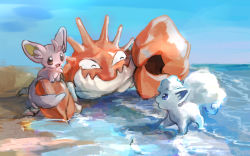 Rule 34 | ^ ^, alolan form, alolan vulpix, animal focus, artist name, beach, blank eyes, blue eyes, blue sky, brown eyes, closed eyes, closed mouth, crab, creatures (company), day, day walker1117, english text, eye contact, closed eyes, from side, full body, game freak, gen 1 pokemon, gen 5 pokemon, gen 7 pokemon, happy, horizon, kingler, looking at another, minccino, nintendo, no humans, ocean, open mouth, outdoors, pokemon, pokemon (creature), sand, signature, sitting, sky, smile, standing, water