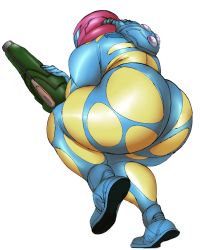Rule 34 | 1girl, 2017, arm cannon, armor, ass, from behind, from below, fusion suit, helmet, huge ass, metroid, metroid fusion, nintendo, power armor, samus aran, solo, visor, weapon, white background