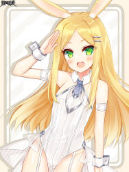 Rule 34 | 1girl, :d, animal ears, arm up, bare shoulders, blonde hair, blush, dairoku ryouhei, diagonal stripes, forehead, green eyes, groin, hair ornament, hairclip, leotard, long hair, looking at viewer, official art, open mouth, parted bangs, rabbit ears, salute, see-through, shikito (yawa0w0), smile, solo, striped, striped background, very long hair, white leotard, wrist cuffs