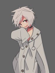 Rule 34 | 1girl, choker, coat, female focus, grey background, highres, looking at viewer, ootorii bisetsu, original, oversized clothes, red eyes, short hair, simple background, sleeves past wrists, solo, white coat, white hair