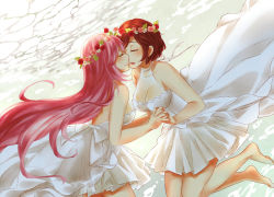 Rule 34 | 2girls, backless dress, backless outfit, bare shoulders, barefoot, breasts, brown hair, choker, cleavage, dress, feet, floating hair, flower, hair flower, hair ornament, head wreath, holding hands, imminent kiss, interlocked fingers, large breasts, long hair, megurine luka, meiko (vocaloid), multiple girls, open mouth, pink flower, pink hair, pleated dress, red flower, sasanoneko, see-through, short dress, short hair, sleeveless, sleeveless dress, smile, strapless, strapless dress, very long hair, vocaloid, wedding dress, white dress, yuri