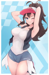 Rule 34 | 1girl, absurdres, antenna hair, armpits, arms behind head, arms up, baseball cap, black footwear, black vest, blue eyes, blush, boots, border, breasts, brown hair, closed mouth, commentary, creatures (company), eyelashes, game freak, hat, high ponytail, highres, hilda (pokemon), kanotype, large breasts, leg up, long hair, looking at viewer, nintendo, one eye closed, open clothes, open vest, outside border, pink hat, pokemon, pokemon bw, shirt, short shorts, shorts, sidelocks, smile, solo, vest, white border, white shirt