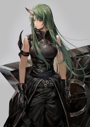 Rule 34 | 1girl, aoki (fumomo), arknights, armband, armor, black armor, black dress, black gloves, black shirt, breastplate, dress, feet out of frame, gloves, green hair, grey background, hannya (arknights), highres, horns, hoshiguma (arknights), long hair, looking to the side, shield, shirt, simple background, single horn, solo, weapon, yellow eyes
