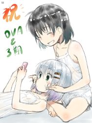 Rule 34 | 10s, 2girls, announcement celebration, bare shoulders, barefoot, black hair, blue hair, blush, cellphone, commentary, closed eyes, green eyes, hair ornament, twirling hair, hairclip, hands in hair, highres, holding, indian style, kokekokko coma, kuraue hinata, lying, multiple girls, on back, phone, playing with another&#039;s hair, short hair, simple background, sitting, smartphone, smile, twintails, yama no susume, yukimura aoi