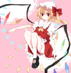 Rule 34 | 1girl, ascot, black footwear, blonde hair, bow, closed mouth, collarbone, collared shirt, danmaku, dot mouth, flandre scarlet, frilled shirt collar, frilled skirt, frills, full body, hair between eyes, hair bow, hat, looking at viewer, mary janes, medium hair, mob cap, multicolored wings, no nose, one side up, pink background, puffy short sleeves, puffy sleeves, red bow, red eyes, red skirt, red vest, shironeko (dondonmi), shirt, shoes, short sleeves, skirt, skirt set, socks, solo, touhou, vest, white hat, white shirt, white socks, wings, yellow ascot